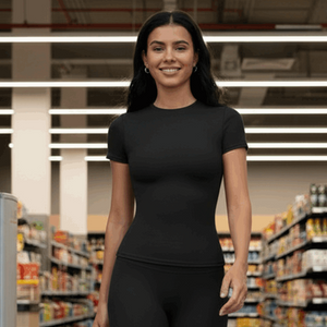2Bazic Tee in Black – high-neckline tee with half-length sleeves in stretch nylon-lycra – Hype Harmony