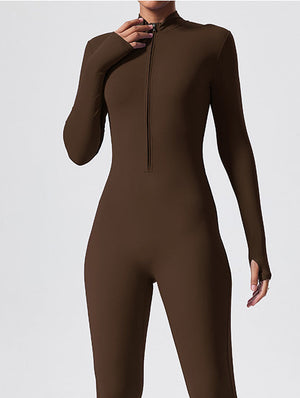 2Bazic Jumpsuit in Brown – high-collar zip-front jumpsuit with long sleeves and finger-opening cuffs – Hype Harmony