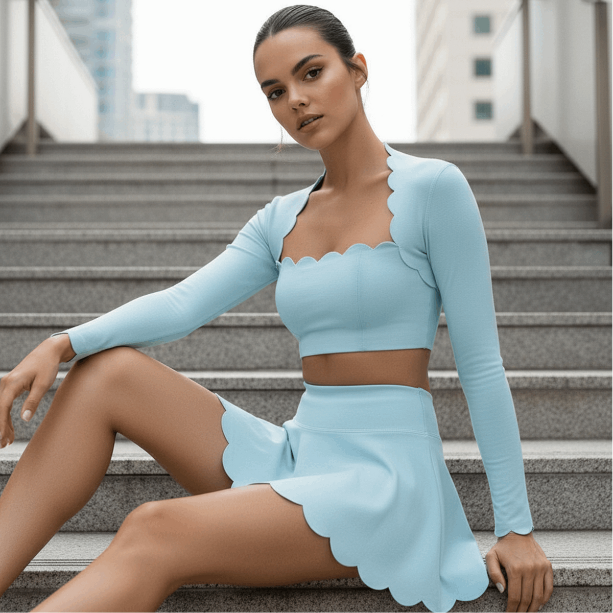 Palm Top in Baby Blue – cropped long-sleeve top with a scalloped neckline – Hype Harmony