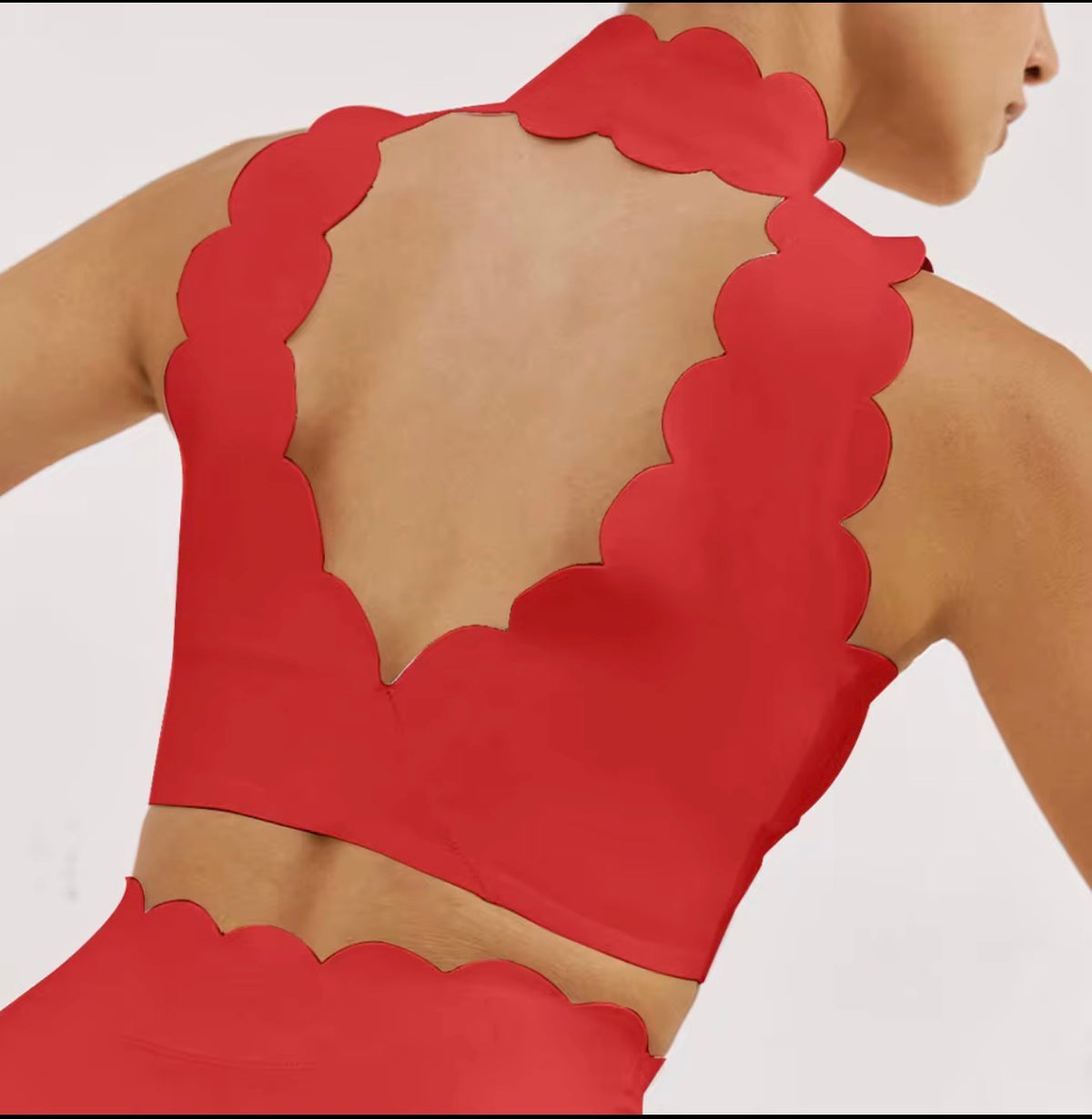 Spring Top in Red – high-neckline top with a scalloped open back – Hype Harmony