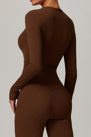 Lowkey Tee in Mocha Brown – high-neckline long-sleeve tee with even stretch fabric – Hype Harmony