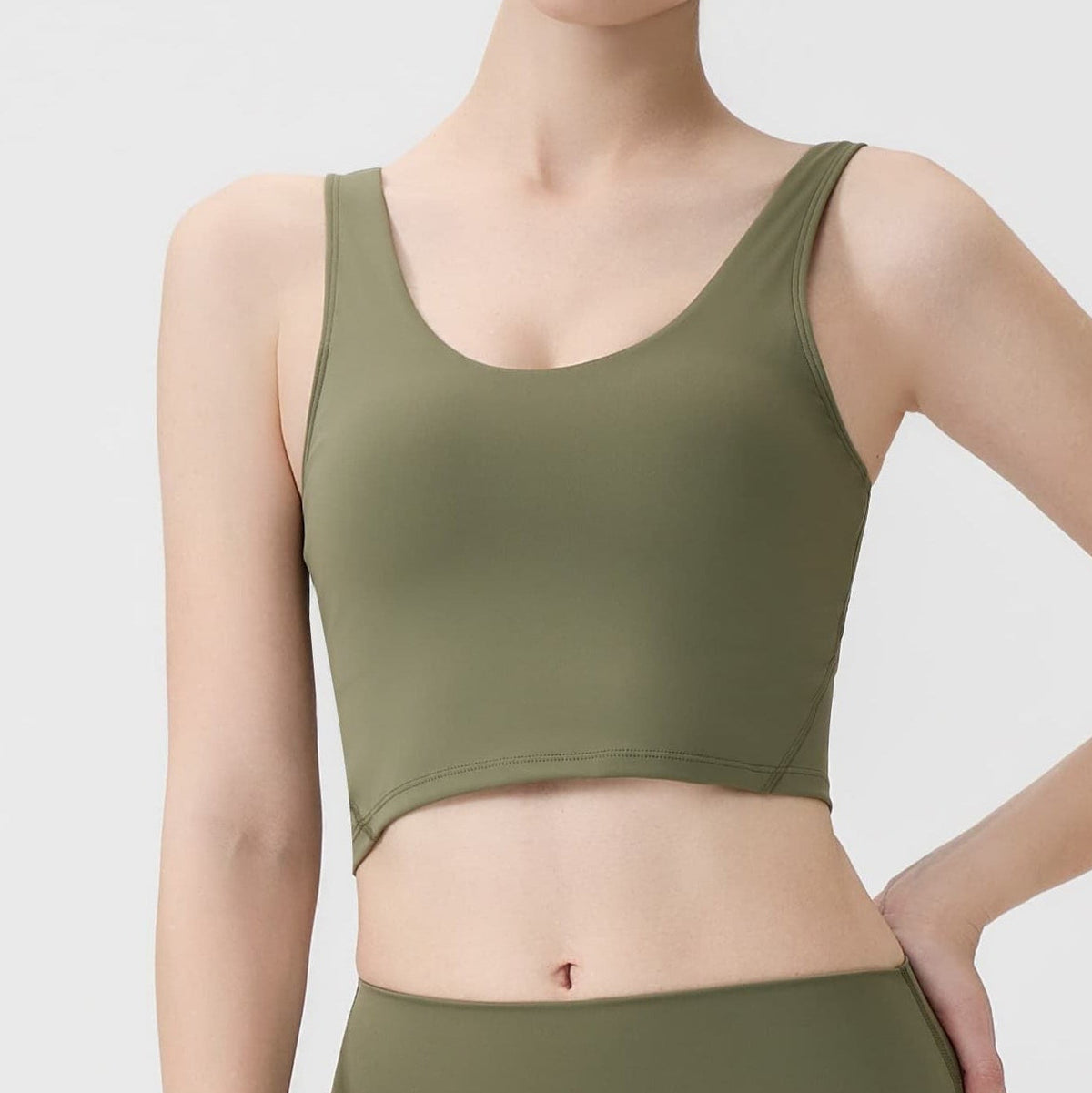 Offline Top in Olive – V-neck sleeveless cropped top with minimal seams – Hype Harmony