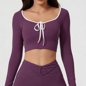 Tied Top in Purple – long-sleeve cropped top with a square neckline and front tie – Hype Harmony
