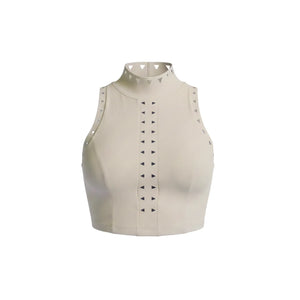 Vega Top in Beige – high-neckline top with an open back and a clean silhouette – Hype Harmony
