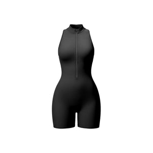 Weekend Jumpsuit in Black – high-neck jumpsuit with a front zip, short length, and crisscross back – Hype Harmony
