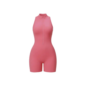 Weekend Jumpsuit in Blush Pink – high-neck jumpsuit with a front zip, short length, and crisscross back – Hype Harmony