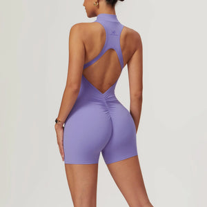 Weekend Jumpsuit in Lavender – high-neck jumpsuit with a front zip, short length, and crisscross back – Hype Harmony