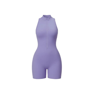 Weekend Jumpsuit in Lavender – high-neck jumpsuit with a front zip, short length, and crisscross back – Hype Harmony