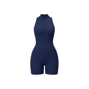 Weekend Jumpsuit in Navy – high-neck jumpsuit with a front zip, short length, and crisscross back – Hype Harmony