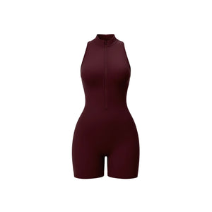 Weekend Jumpsuit in Wine Red – high-neck jumpsuit with a front zip, short length, and crisscross back – Hype Harmony