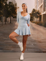 Muse Dress in Baby Blue – V-neck dress with ribbed fabric, floral detailing, and a ruffled hem – Hype Harmony
