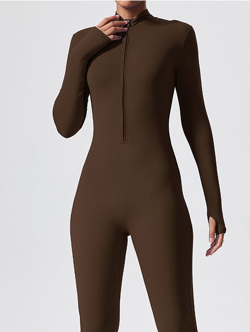 2Bazic Jumpsuit in Brown – high-collar zip-front jumpsuit with long sleeves and finger-opening cuffs – Hype Harmony