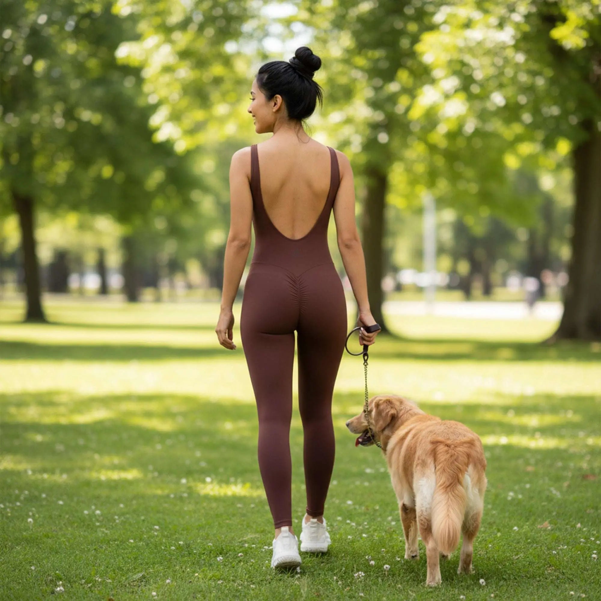 Bazic Suit in Brown – long-line jumpsuit with a clean front and a deep open back – Hype Harmony