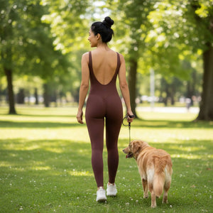 Bazic Suit in Brown – long-line jumpsuit with a clean front and a deep open back – Hype Harmony