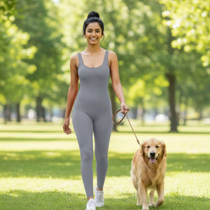 Bazic Suit in Gray – long-line jumpsuit with a clean front and a deep open back – Hype Harmony