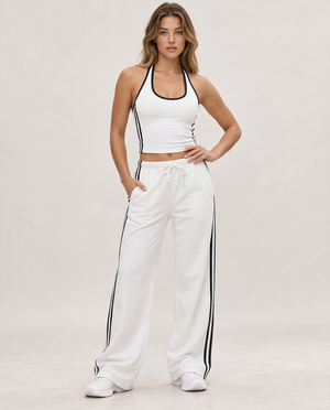 Day2Night Top in White – halter-neck top with clean contrast piping – Hype Harmony