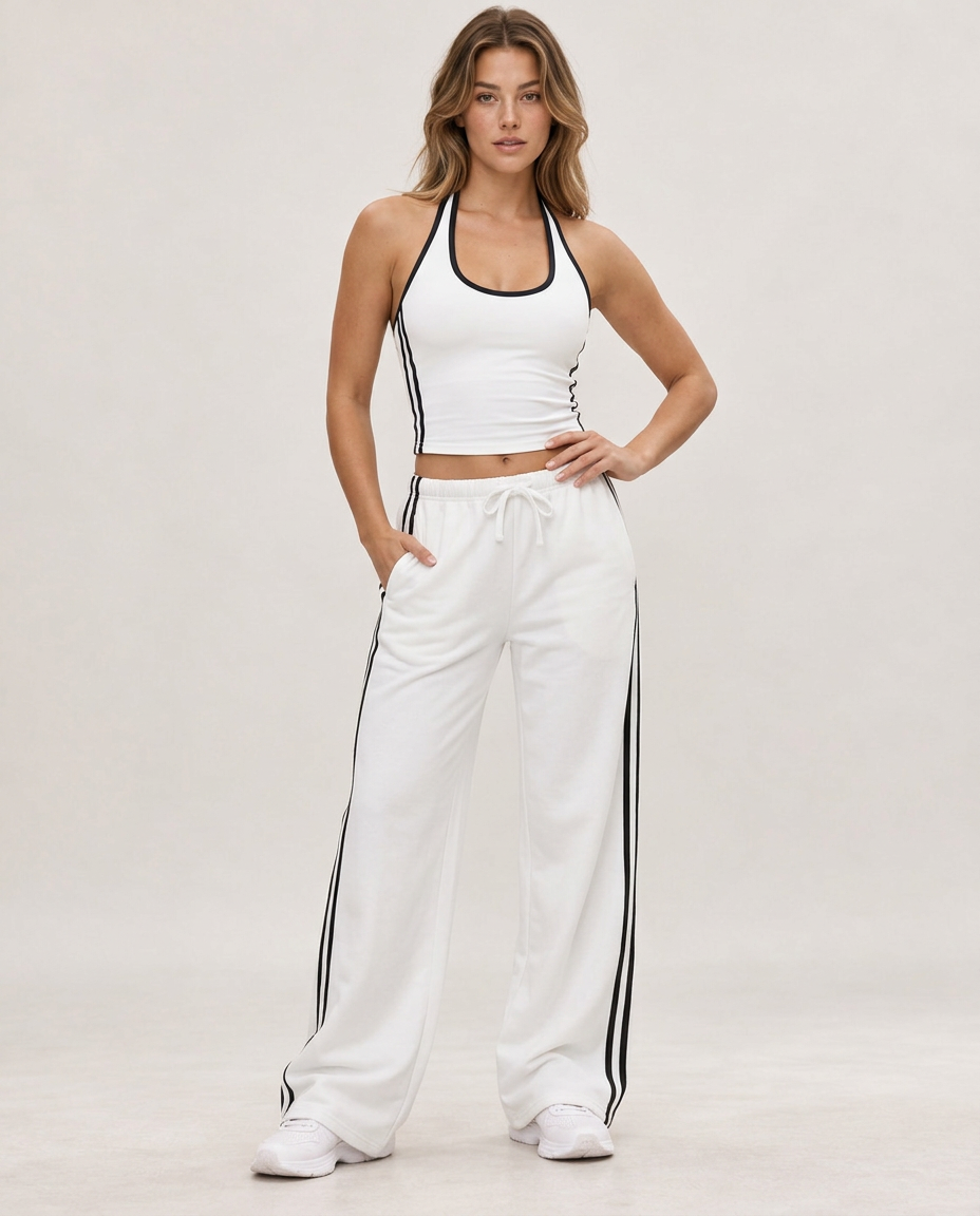 Day2Night Top in White – halter-neck top with clean contrast piping – Hype Harmony