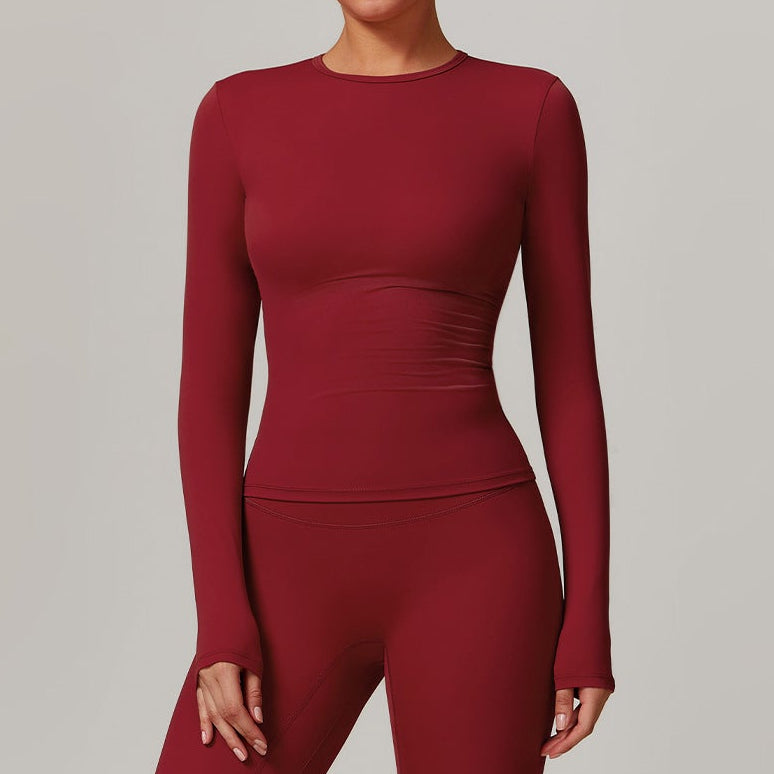 Lowkey Tee in Red – high-neckline long-sleeve tee with even stretch fabric – Hype Harmony