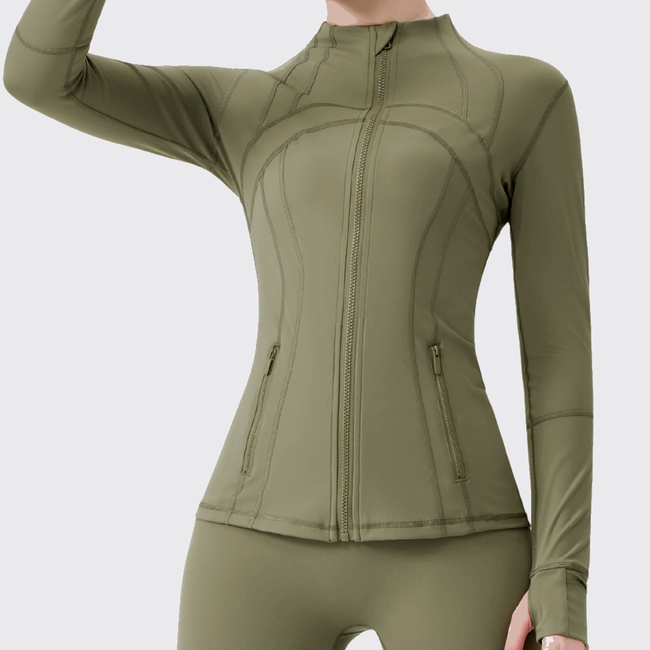 Offline Jacket in Olive – cropped jacket with a high neckline and thumbhole sleeves – Hype Harmony