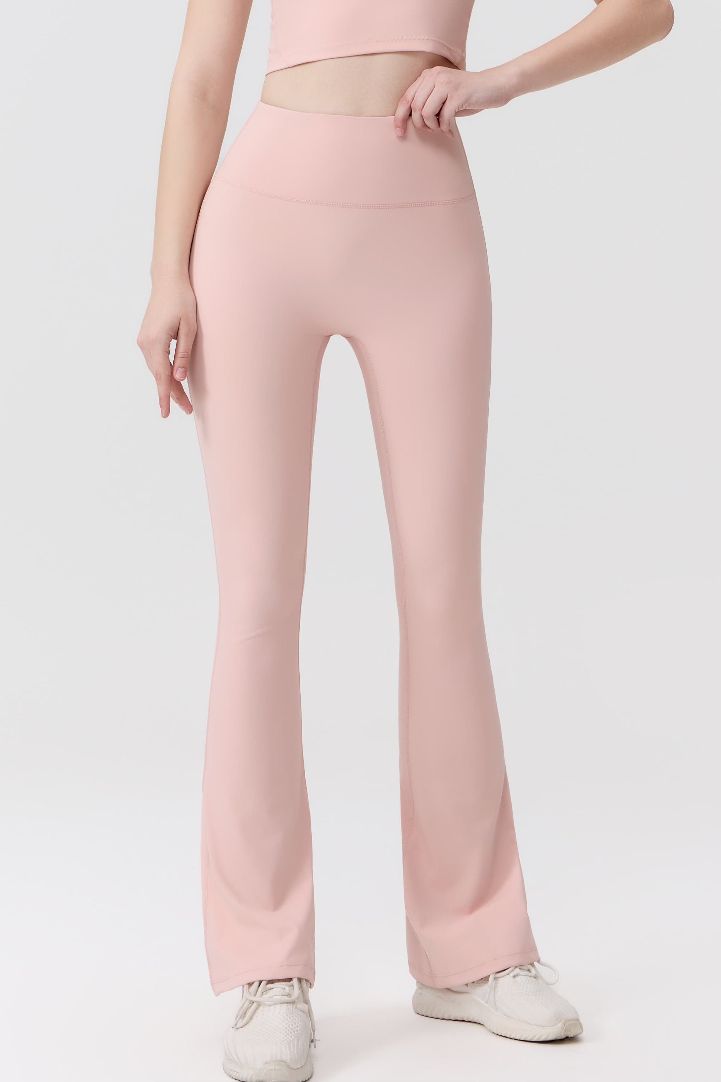 Offline Flare in Powder Pink – high-rise flare pants with minimal seams and a soft flared leg – Hype Harmony