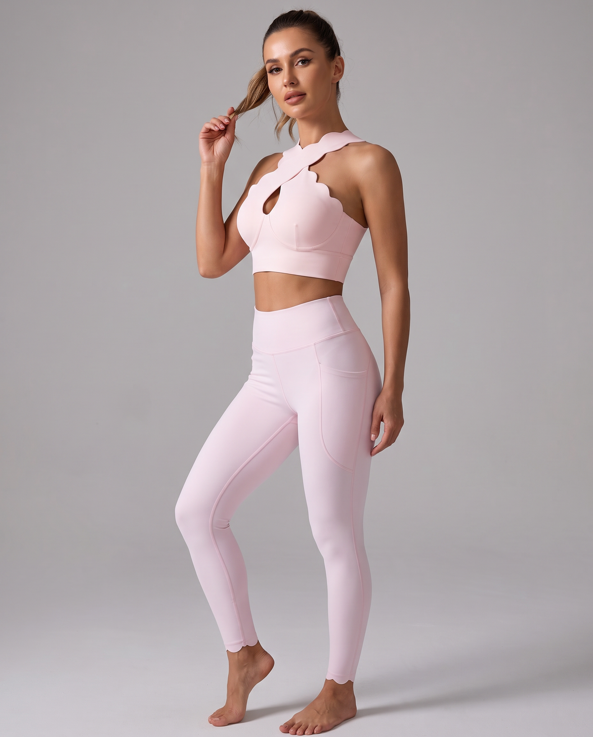 On The Go top – wrap-front top with an open center and crossed lines – Hype Harmony 