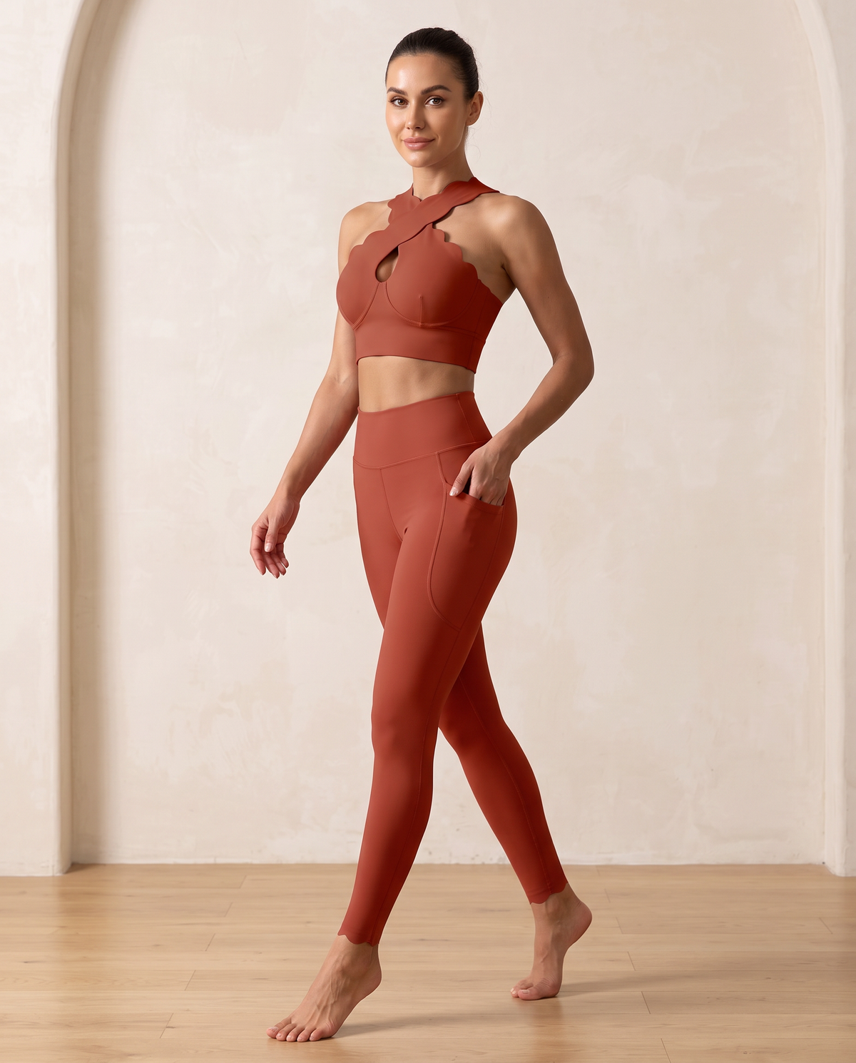On The Go top in Red – wrap-front top with an open center and crossed lines – Hype Harmony