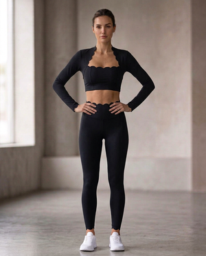 Palm Top in Black – cropped long-sleeve top with a scalloped neckline – Hype Harmony