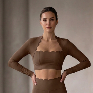 Palm Top in Brown – cropped long-sleeve top with a scalloped neckline – Hype Harmony