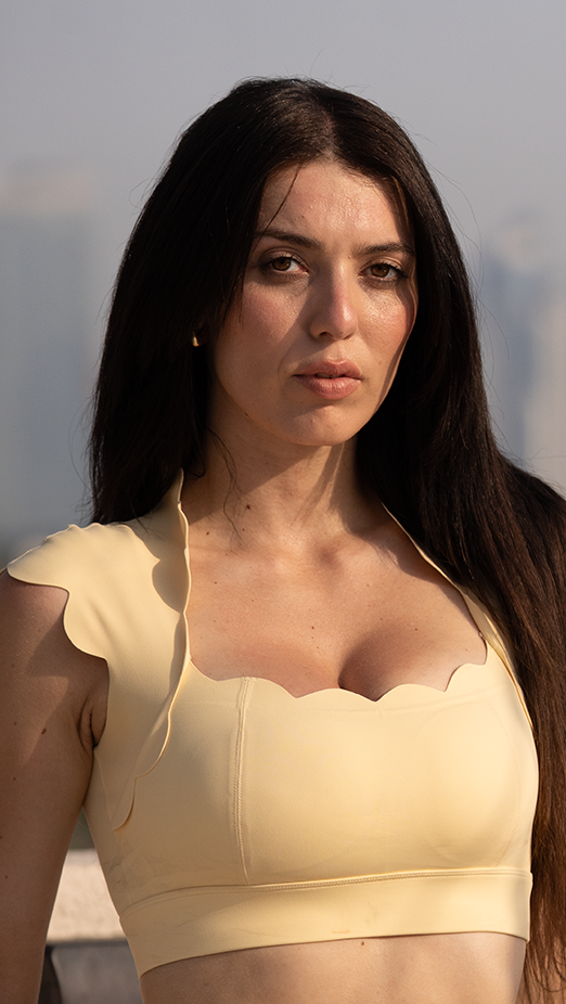 Break Top in Yellow – wide triangle-neckline top with a scalloped edge and structured back straps – Hype Harmony